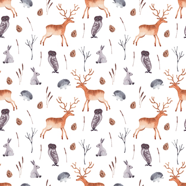 Watercolor seamless pattern with forest animals
