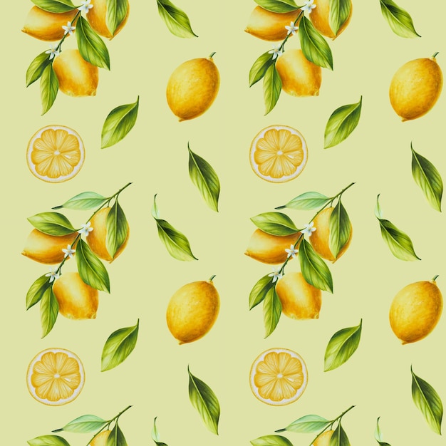 Watercolor seamless pattern with fresh ripe lemon with bright green leaves and flowers Hand drawn cu