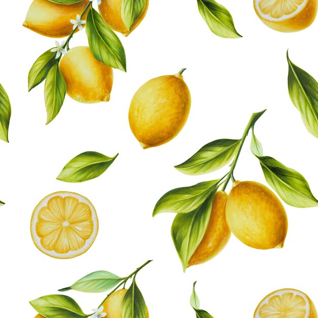 Watercolor seamless pattern with fresh ripe lemon with bright green leaves and flowers Hand drawn