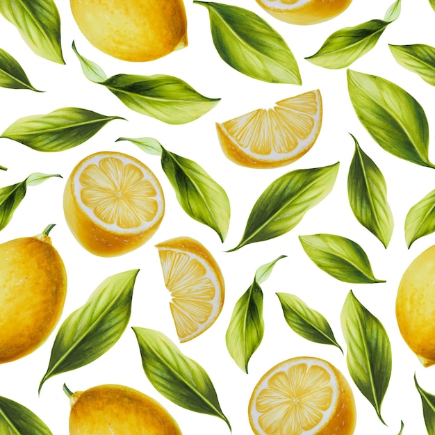 Watercolor seamless pattern with fresh ripe lemon with bright green leaves and flowers Hand drawn