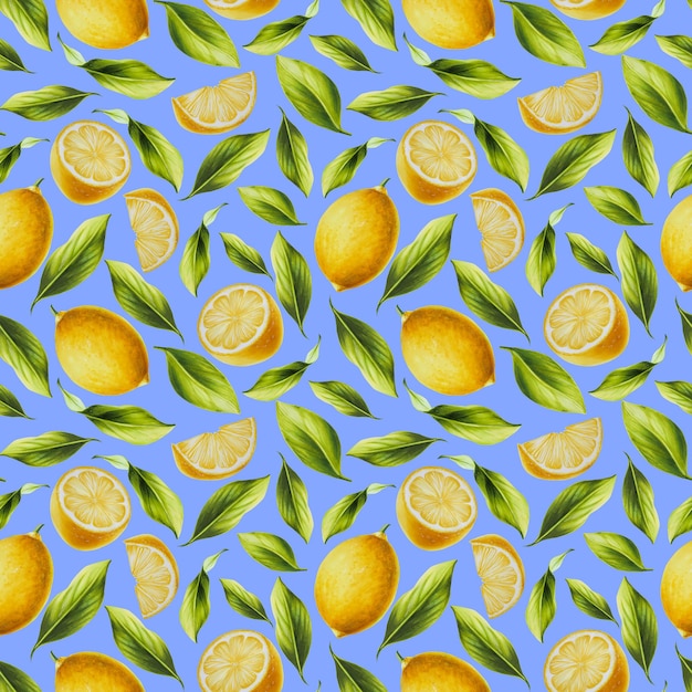 Photo watercolor seamless pattern with fresh ripe lemon with bright green leaves and flowers hand drawn