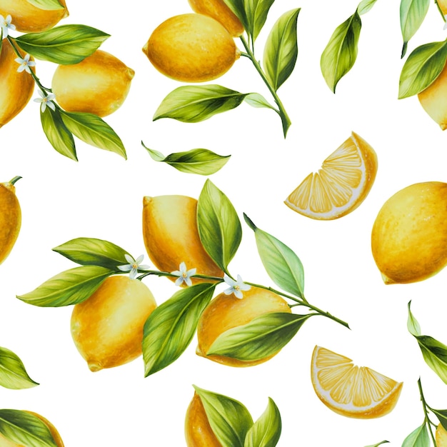 Акварель бесшовный рисунок с свежим зрелым лимоном с ярко-зелеными листьями и цветами, нарисованный вручную