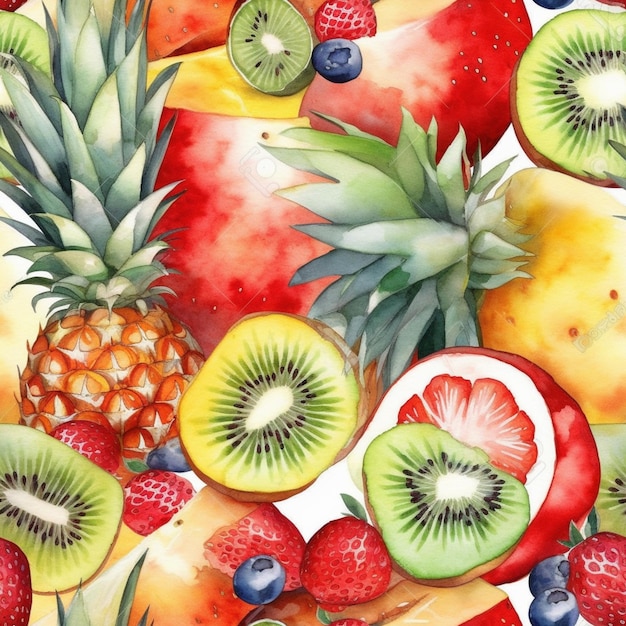 Watercolor seamless pattern with fruits on a white background.