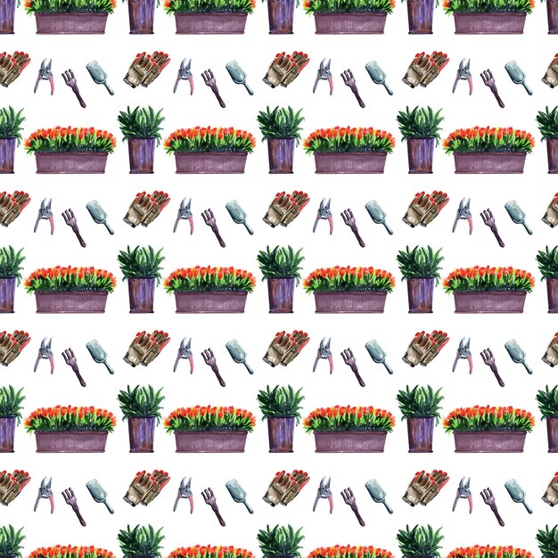 Watercolor seamless pattern with garden plants and tools