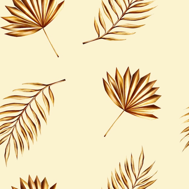Watercolor seamless pattern with golden pampas grass date palm branch illustration isolated on b