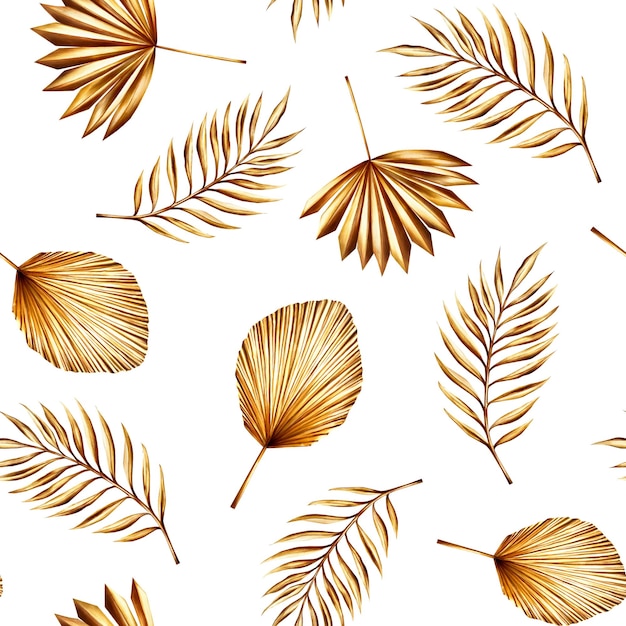 Watercolor seamless pattern with golden pampas grass date palm branch illustration isolated on backg