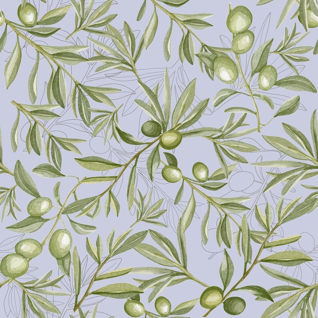 Watercolor seamless pattern with green olive branches in vintage Botanical illustration olive tree