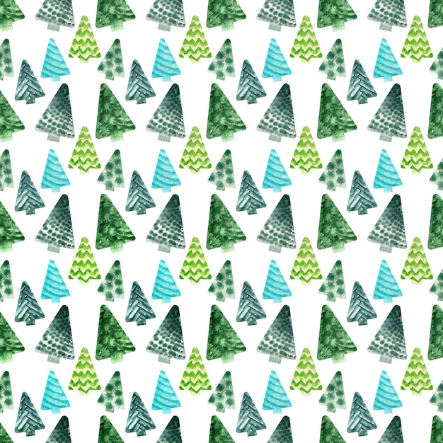 watercolor seamless pattern with green stylized christmas trees