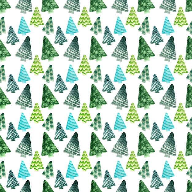 Watercolor seamless pattern with green stylized Christmas trees