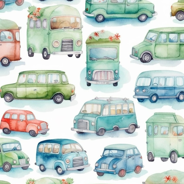 Watercolor seamless pattern with a green vintage van.