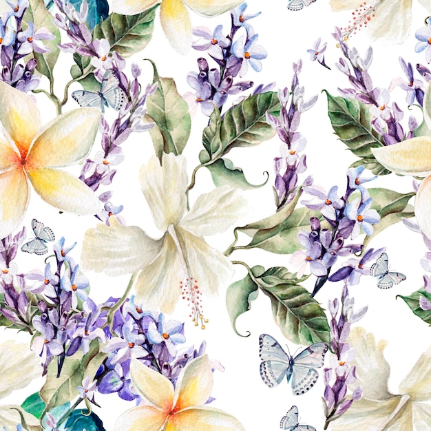 ハイビスカスの花とラベンダーの水彩のシームレス パターン