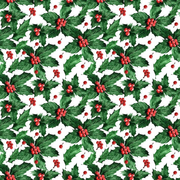 Watercolor seamless pattern with holly plant