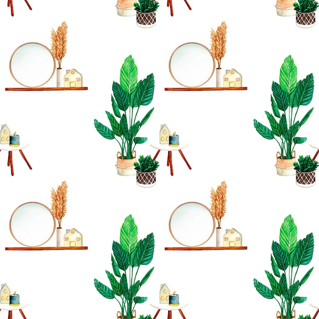 Watercolor seamless pattern with home plant wax candlt ceramic houses lanterns vase flowers table