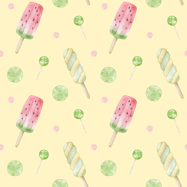 Reticolo senza giunte dell'acquerello con puntini rosa lime gelato lecca lecca clipart disegnato a mano