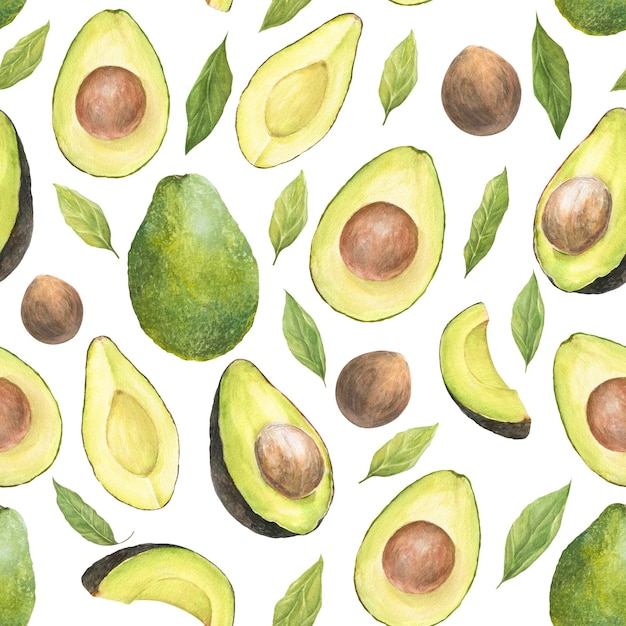 Акварельный бесшовный рисунок с иллюстрацией аппетитных зеленых нарезанных авокадо с косточкой и листьями на белом фоне