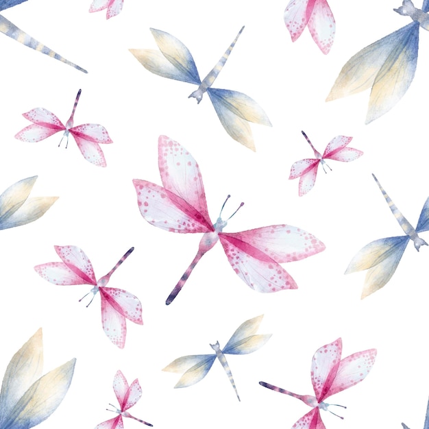 Watercolor seamless pattern with illustration of colorful\
dragonflies isolated on white background