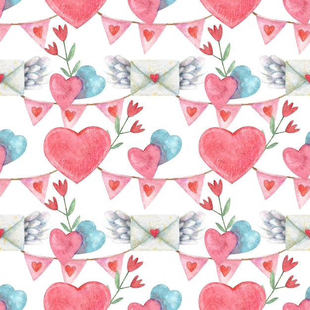 Watercolor seamless pattern with illustration in the form of mail envelopes hearts wings