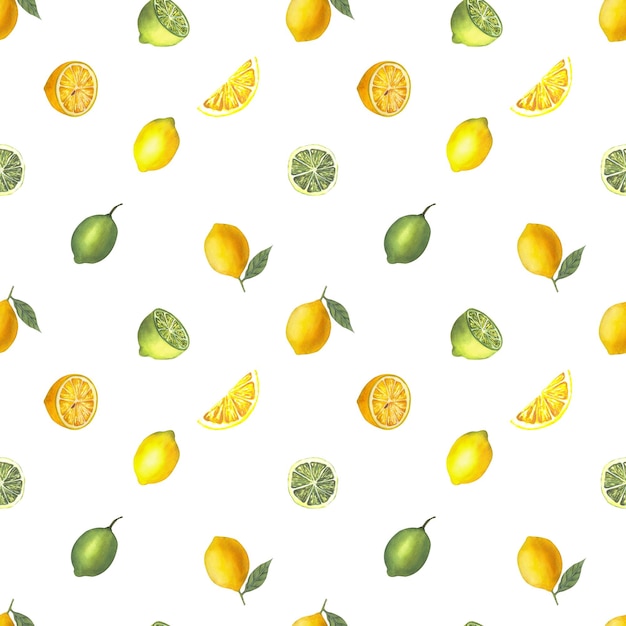 Watercolor seamless pattern with illustration of fresh citrus yellow fruit lemon and lime