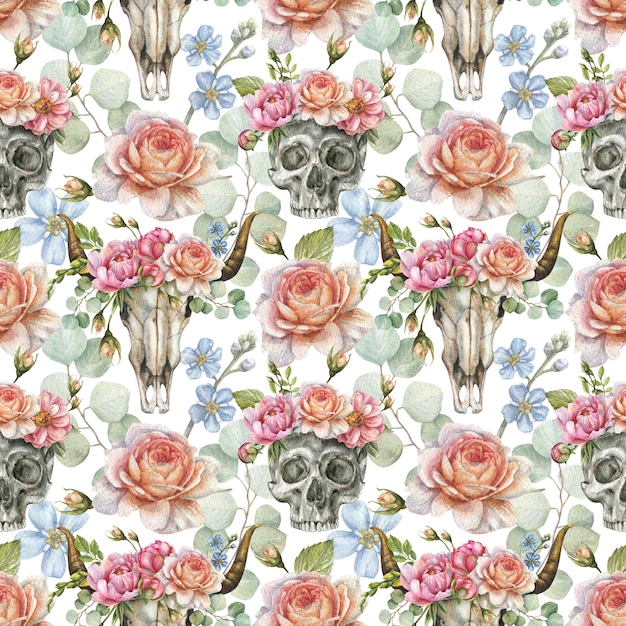 Photo watercolor seamless pattern with illustration of human skull and bull skull with flowers of roses