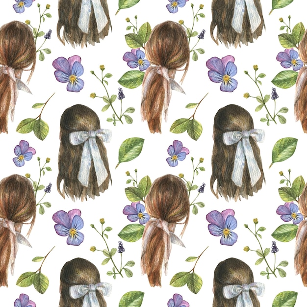 Watercolor seamless pattern with an illustration of vintage women's hairstyles.