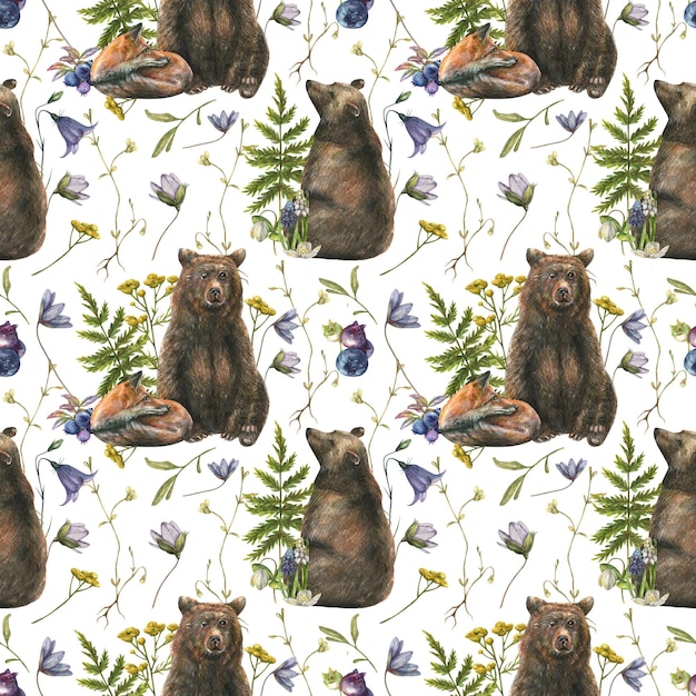 Watercolor seamless pattern with illustration of wild animals fox and brown bear