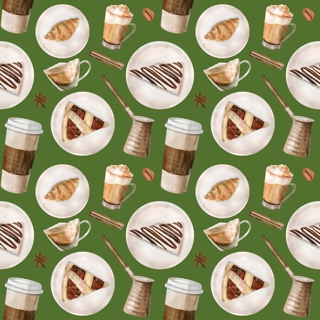 Photo watercolor seamless pattern with illustrations of coffee