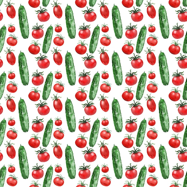 Watercolor seamless pattern with the image of fresh tomatoes and cucumbers