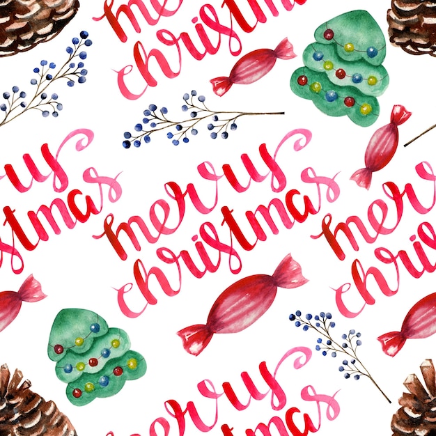Watercolor seamless pattern with the inscription Merry christmas