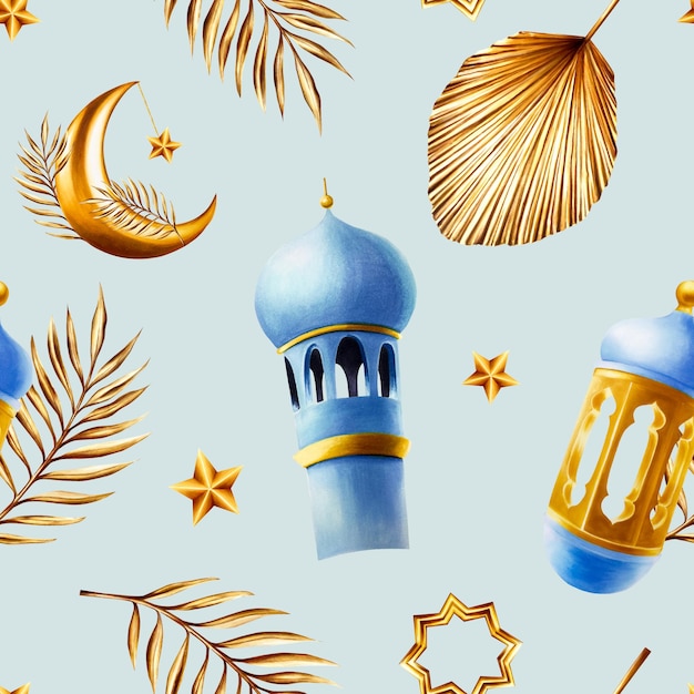 Foto acquerello a disegno senza cuciture con stelle di mezzaluna dorata araba islamica su catene d'oro data p
