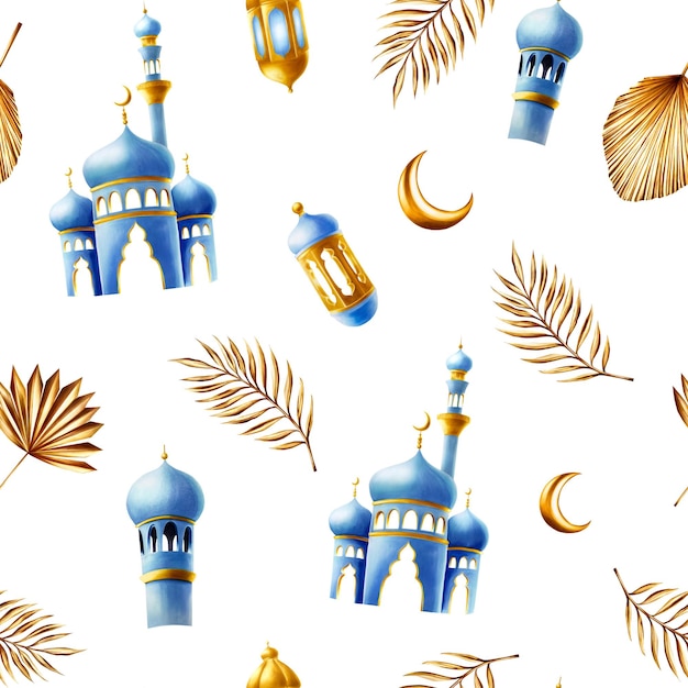 Watercolor seamless pattern with Islamic mosque and minaret golden pampas grass date palm branch