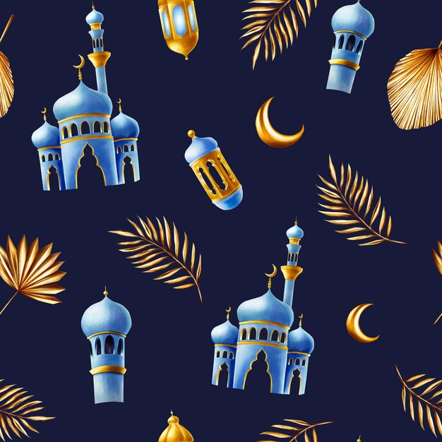 Photo watercolor seamless pattern with islamic mosque and minaret golden pampas grass date palm branch