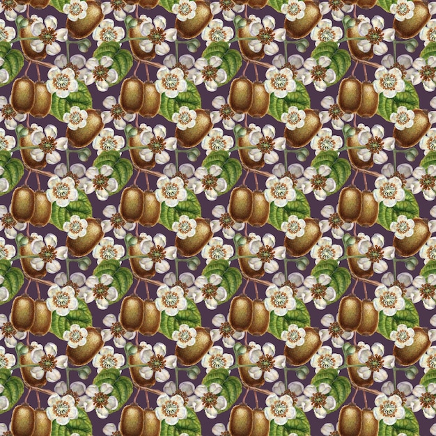 Watercolor seamless pattern with kiwi fruits leaves and blooming flowers for fabrics backgrounds