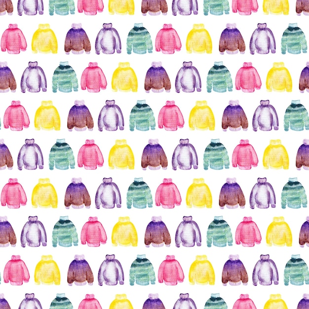 Watercolor seamless pattern with knitted multicolored sweaters