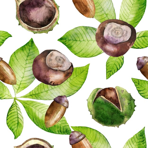 Watercolor seamless pattern with leaves, acorn and chestnuts.