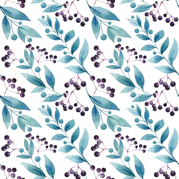 Watercolor seamless pattern with leaves and berries on white