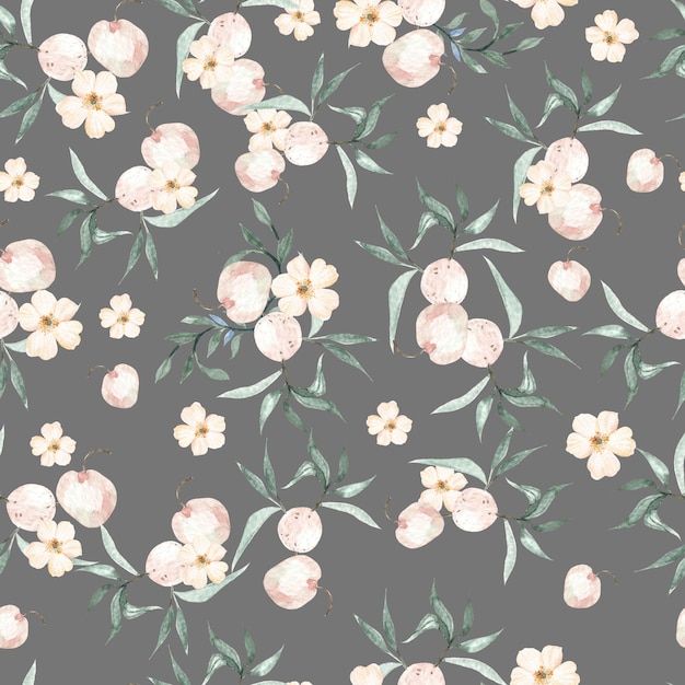 Watercolor seamless pattern with leaves and peaches