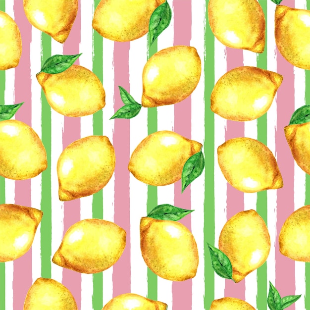 Watercolor seamless pattern with lemons and green and pink stripes