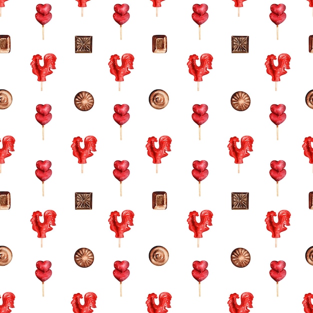 Watercolor seamless pattern with lollipops and chocolates