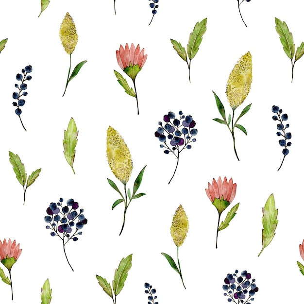 Watercolor seamless pattern with meadow flowers and leaves Hand drawn illustration