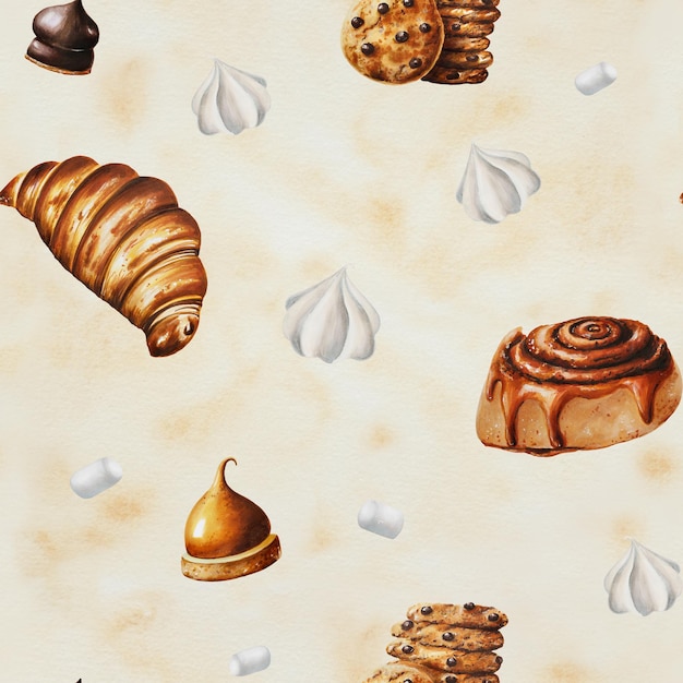 Watercolor seamless pattern with meringue chocolate marshmallows croissant biscuits orange souffl