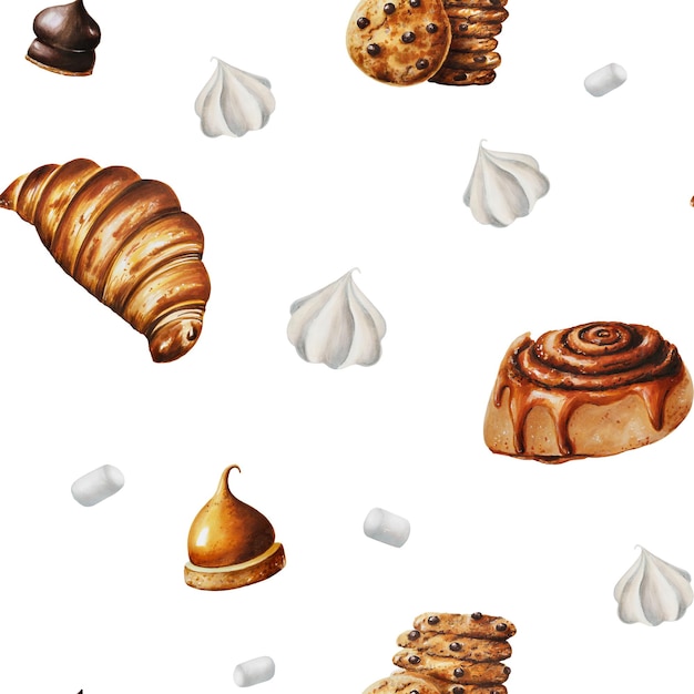 Watercolor seamless pattern with meringue chocolate marshmallows croissant biscuits orange souffl