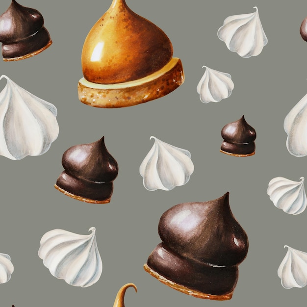 Watercolor seamless pattern with meringue chocolate marshmallows orange souffle Hand paintin