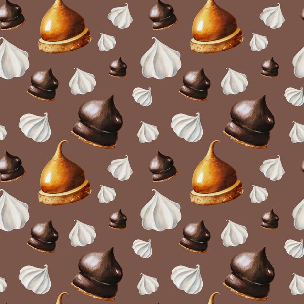 Photo watercolor seamless pattern with meringue chocolate marshmallows orange souffle hand painting sweet