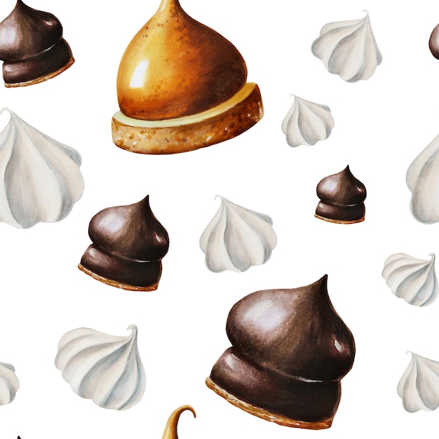 Watercolor seamless pattern with meringue chocolate marshmallows orange souffle hand painting sweet