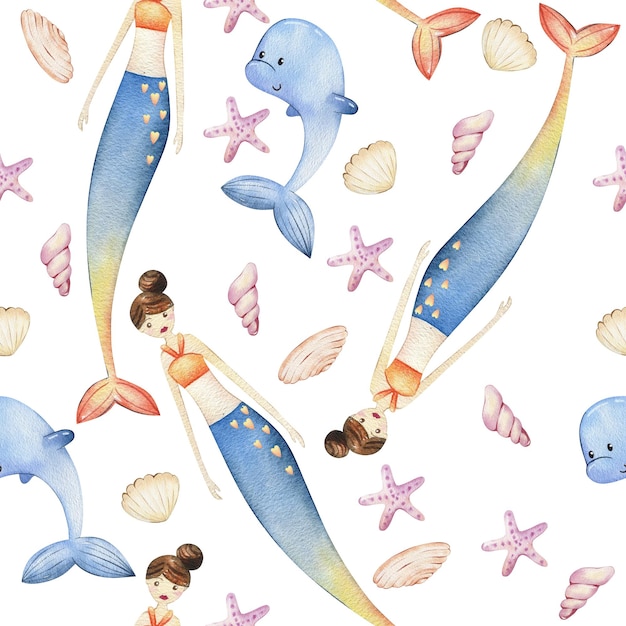 Photo watercolor seamless pattern with a mermaid and a dolphin