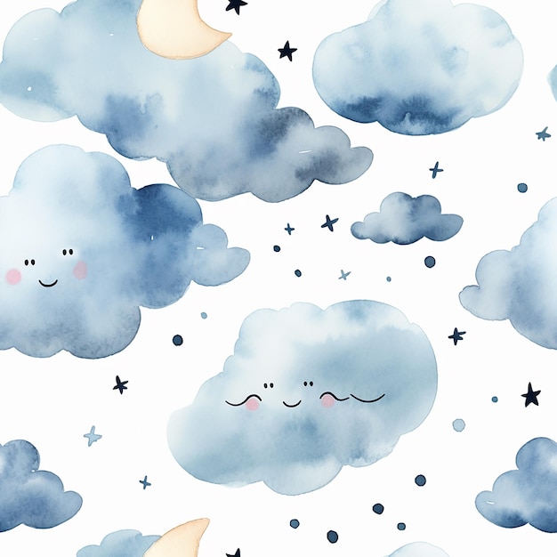 Watercolor seamless pattern with moon and clouds