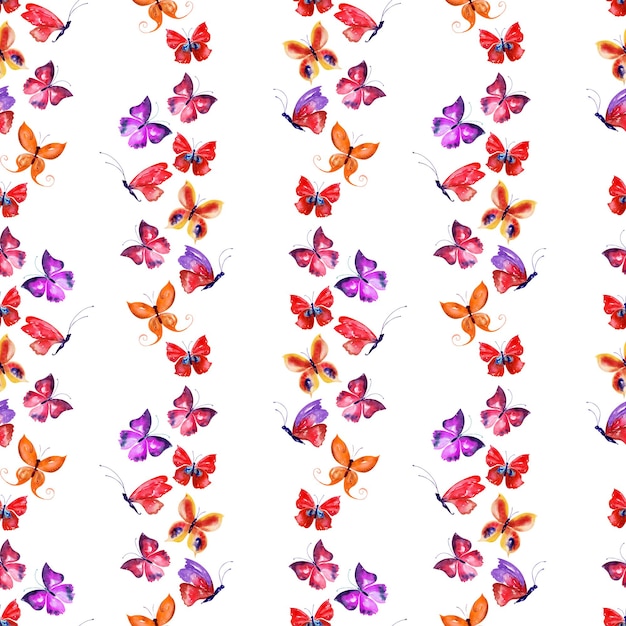 Photo watercolor seamless pattern with multicolored butterflies
