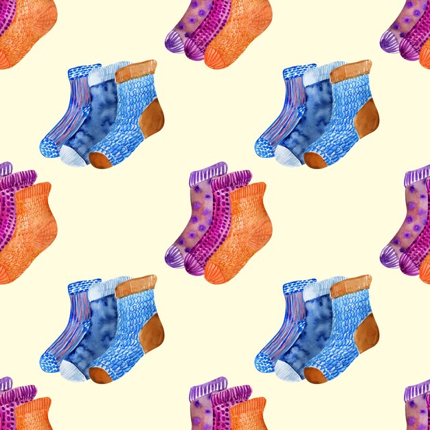 Watercolor seamless pattern with multicolored knitted socks