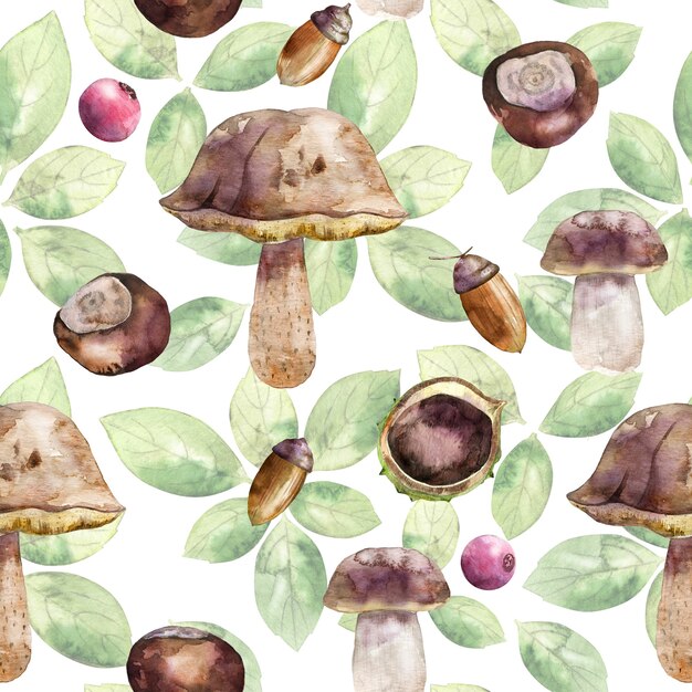 Watercolor seamless pattern with mushrooms, acorn, chestnut, leaves.