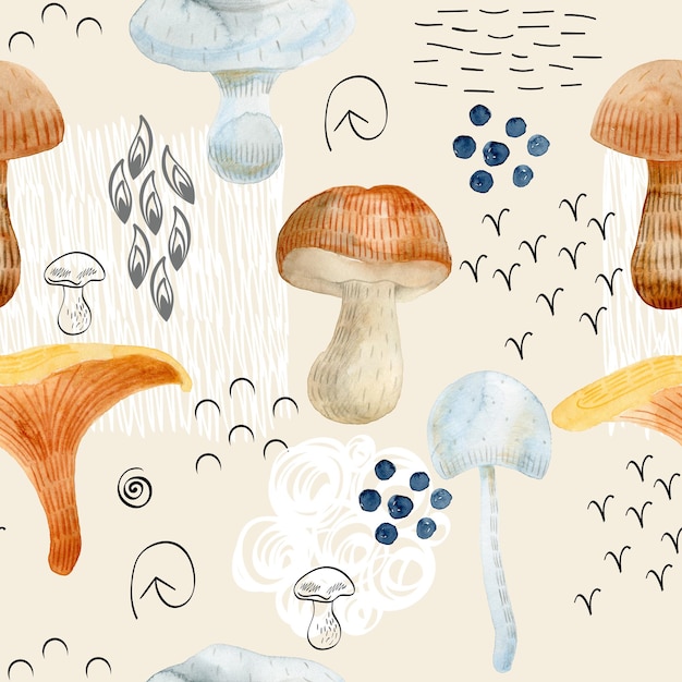 Photo watercolor seamless pattern with mushrooms
